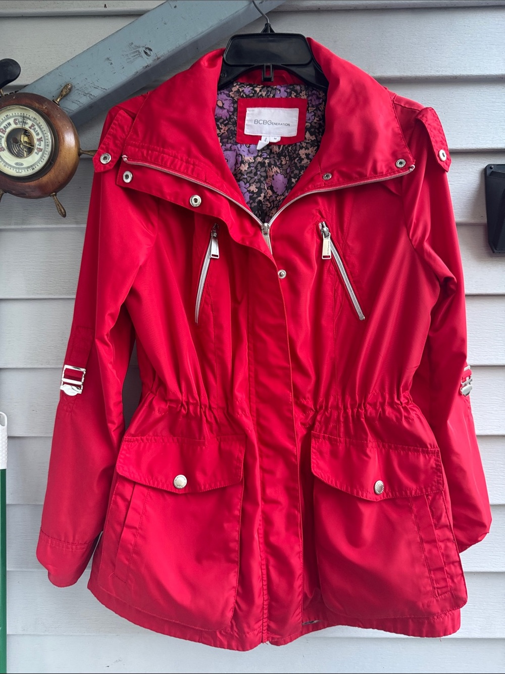 BCBGeneration Red Utility Anorak Jacket with Floral Lining
